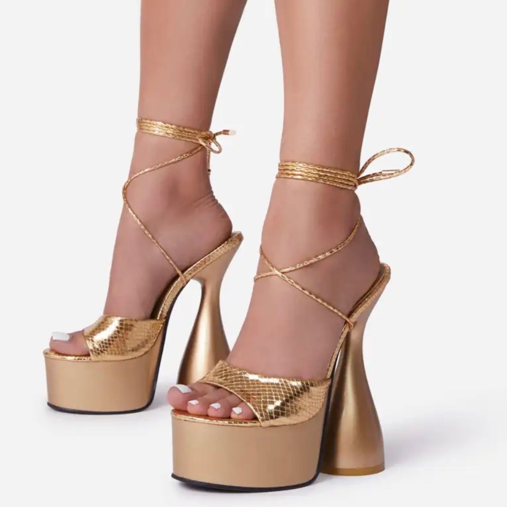 Lace Up Peep Toe Platform Statement Heel In Gold Snake Print Faux Leather - SZ 8